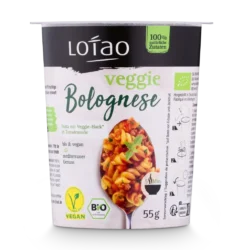 Lotao Veggie Bolognese Jackpot, das vegane Instantgericht mit Veggie Hack aus Jackfruit und Erbsenprotein als authentischer Fleischersatz